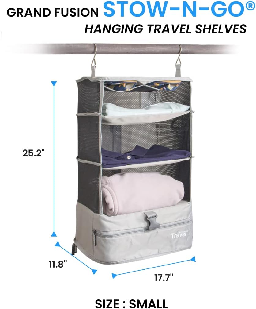 Grand Fusion Stow-N-Go Portable Hanging Travel Shelves, Packing Organizer for Luggage. Carry on Closet with Hanger for Clothes. Expandable Packing Cube. Travel Essentials from Small, Light Gray