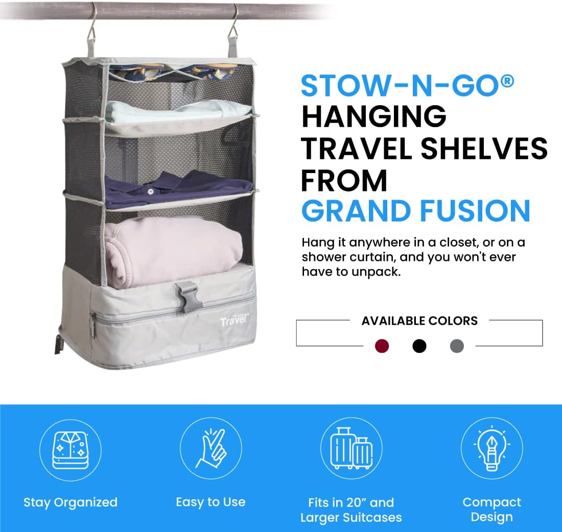 Grand Fusion Stow-N-Go Portable Hanging Travel Shelves, Packing Organizer for Luggage. Carry on Closet with Hanger for Clothes. Expandable Packing Cube. Travel Essentials from Small, Light Gray