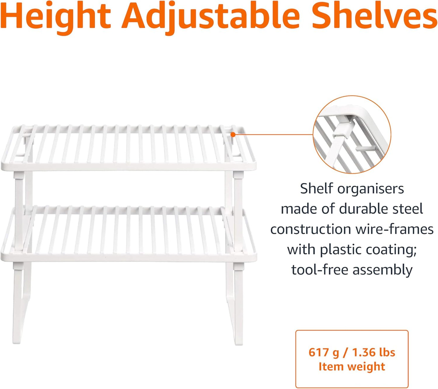 Amazon Basics Stackable Metal Kitchen Storage Shelves, Set of 2 - White, 31.75 CM L x 20.32 CM D x 11.43 CM H