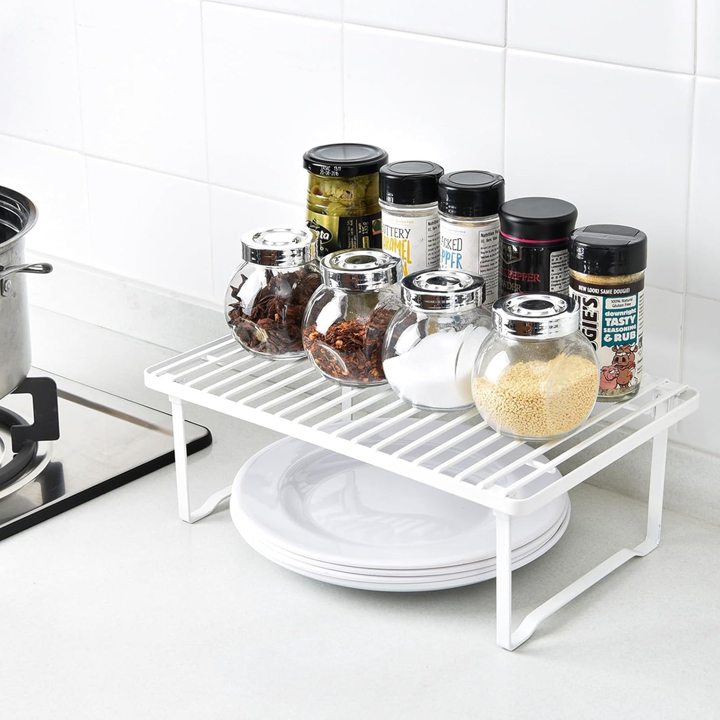 Amazon Basics Stackable Metal Kitchen Storage Shelves, Set of 2 - White, 31.75 CM L x 20.32 CM D x 11.43 CM H