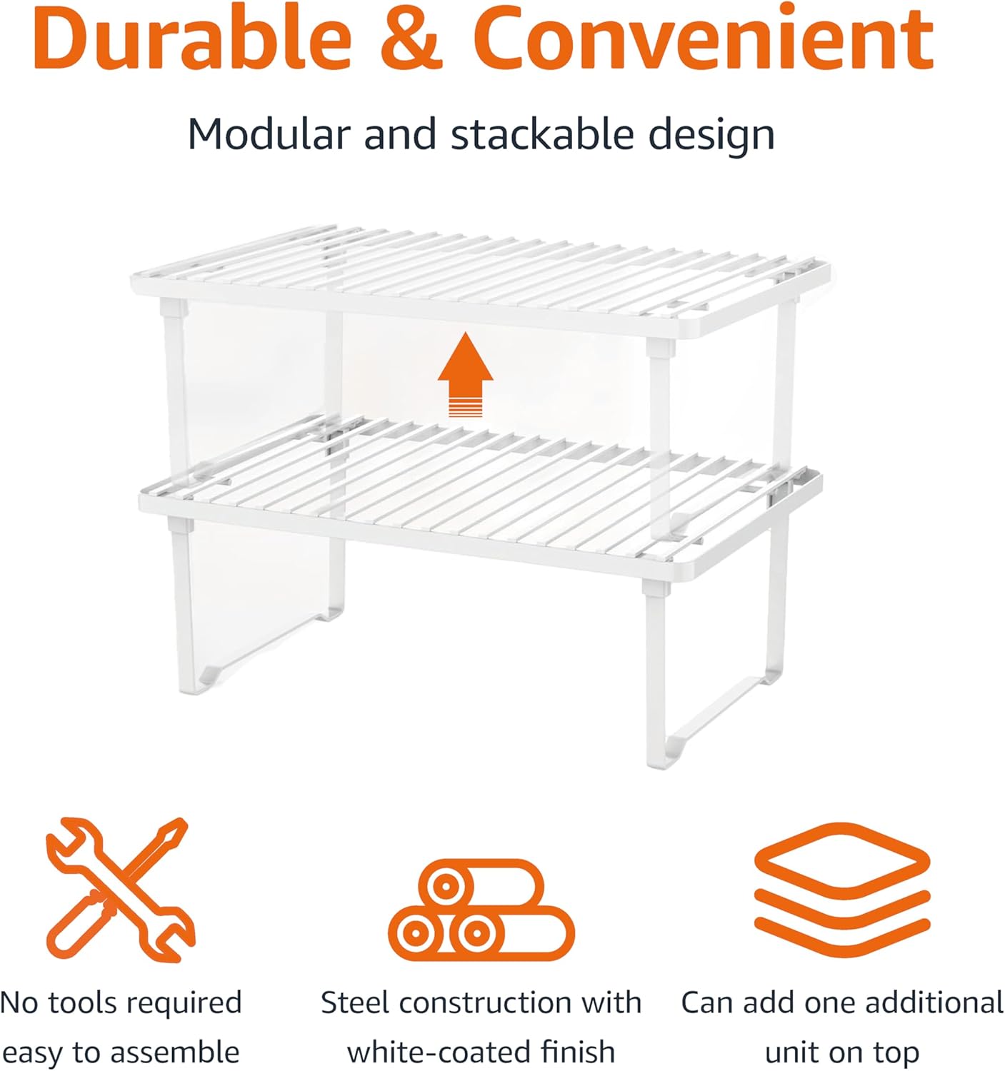 Amazon Basics Stackable Metal Kitchen Storage Shelves, Set of 2 - White, 31.75 CM L x 20.32 CM D x 11.43 CM H