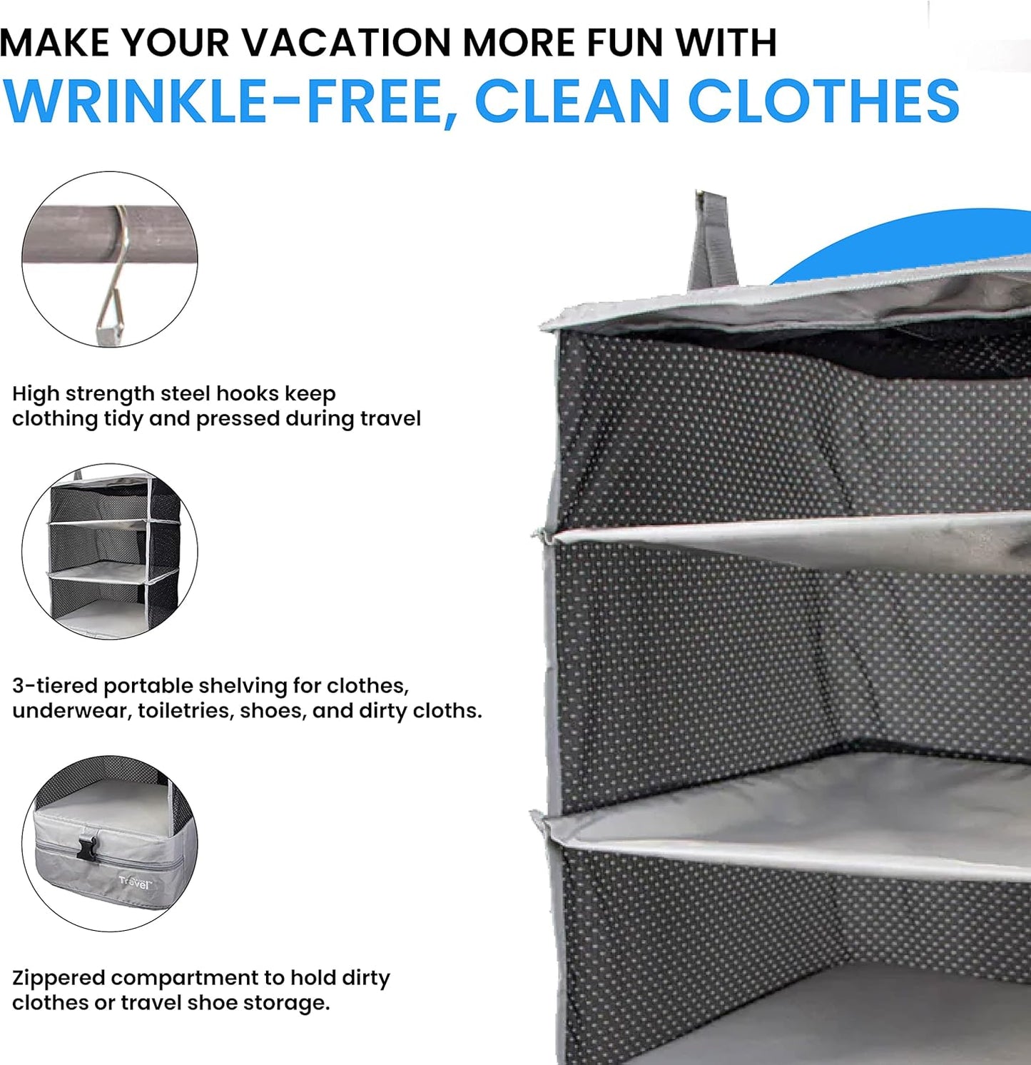 Grand Fusion Stow-N-Go Portable Hanging Travel Shelves, Packing Organizer for Luggage. Carry on Closet with Hanger for Clothes. Expandable Packing Cube. Travel Essentials from Small, Light Gray
