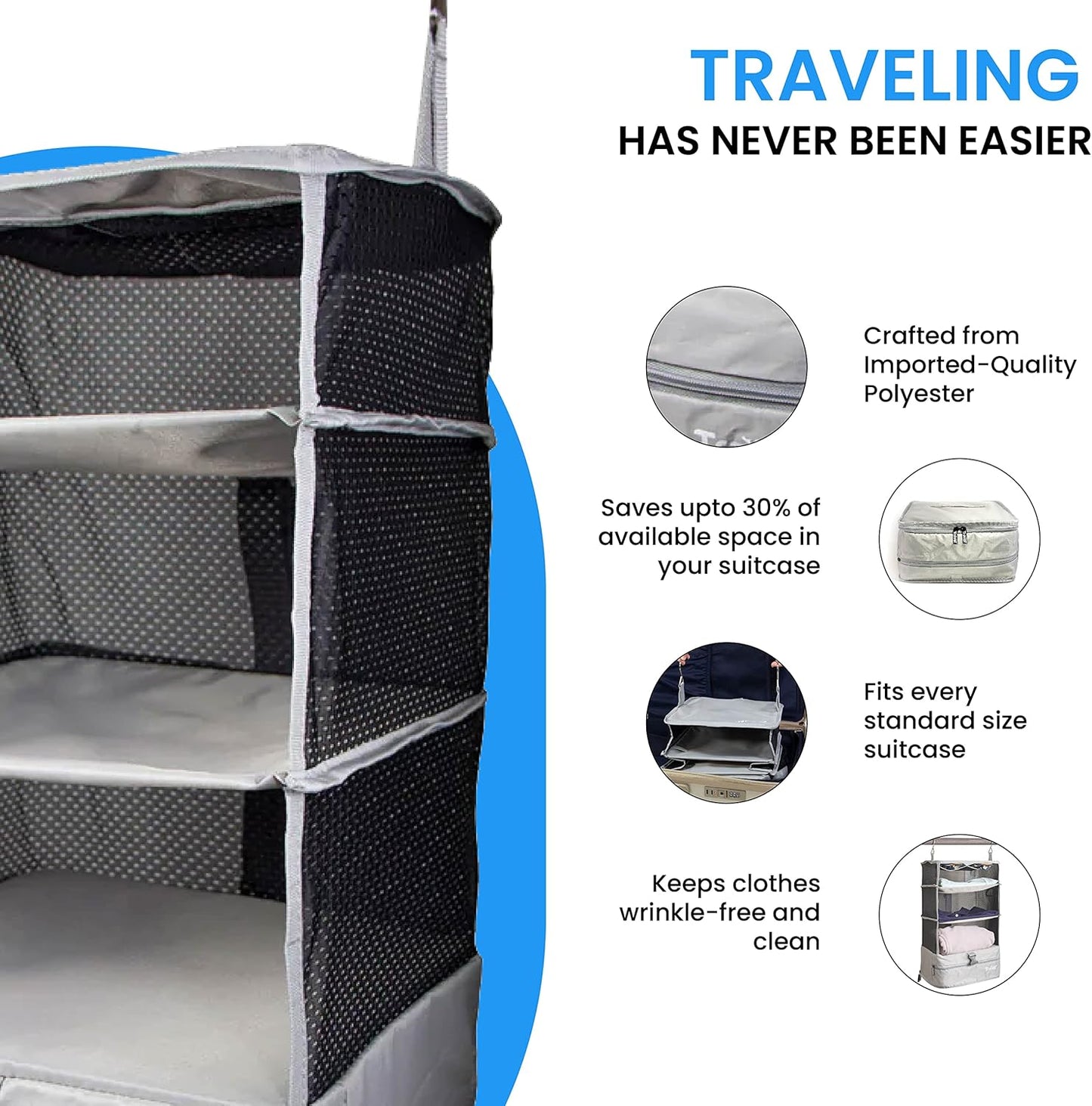 Grand Fusion Stow-N-Go Portable Hanging Travel Shelves, Packing Organizer for Luggage. Carry on Closet with Hanger for Clothes. Expandable Packing Cube. Travel Essentials from Small, Light Gray