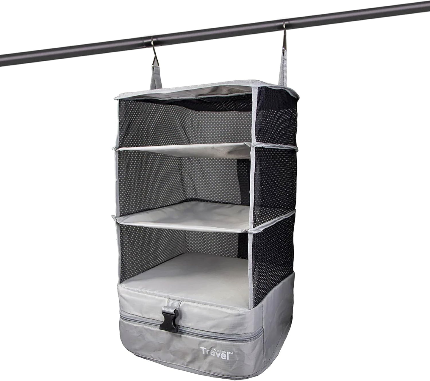 Grand Fusion Stow-N-Go Portable Hanging Travel Shelves, Packing Organizer for Luggage. Carry on Closet with Hanger for Clothes. Expandable Packing Cube. Travel Essentials from Small, Light Gray