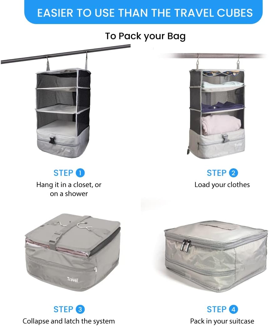 Grand Fusion Stow-N-Go Portable Hanging Travel Shelves, Packing Organizer for Luggage. Carry on Closet with Hanger for Clothes. Expandable Packing Cube. Travel Essentials from Small, Light Gray