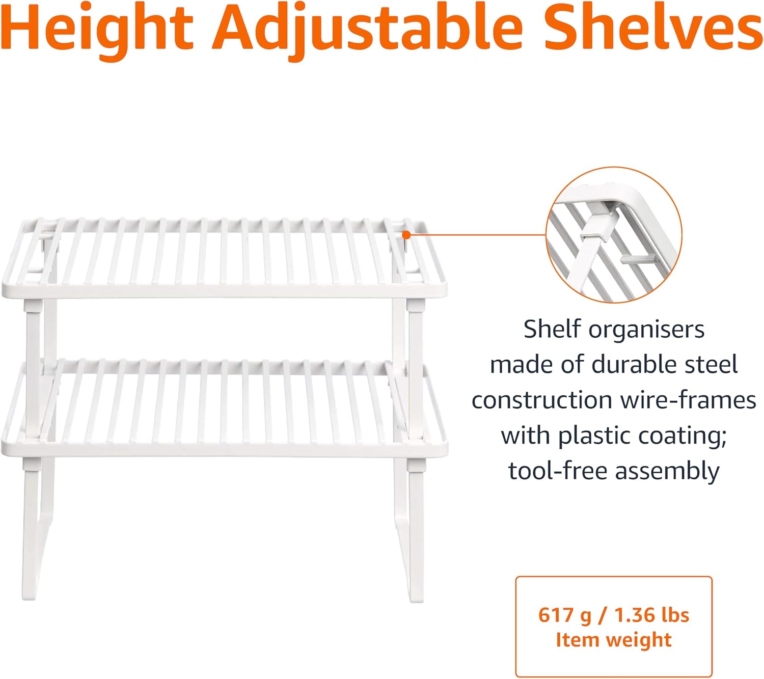 Amazon Basics Stackable Metal Kitchen Storage Shelves, Set of 2 - White, 31.75 CM L x 20.32 CM D x 11.43 CM H