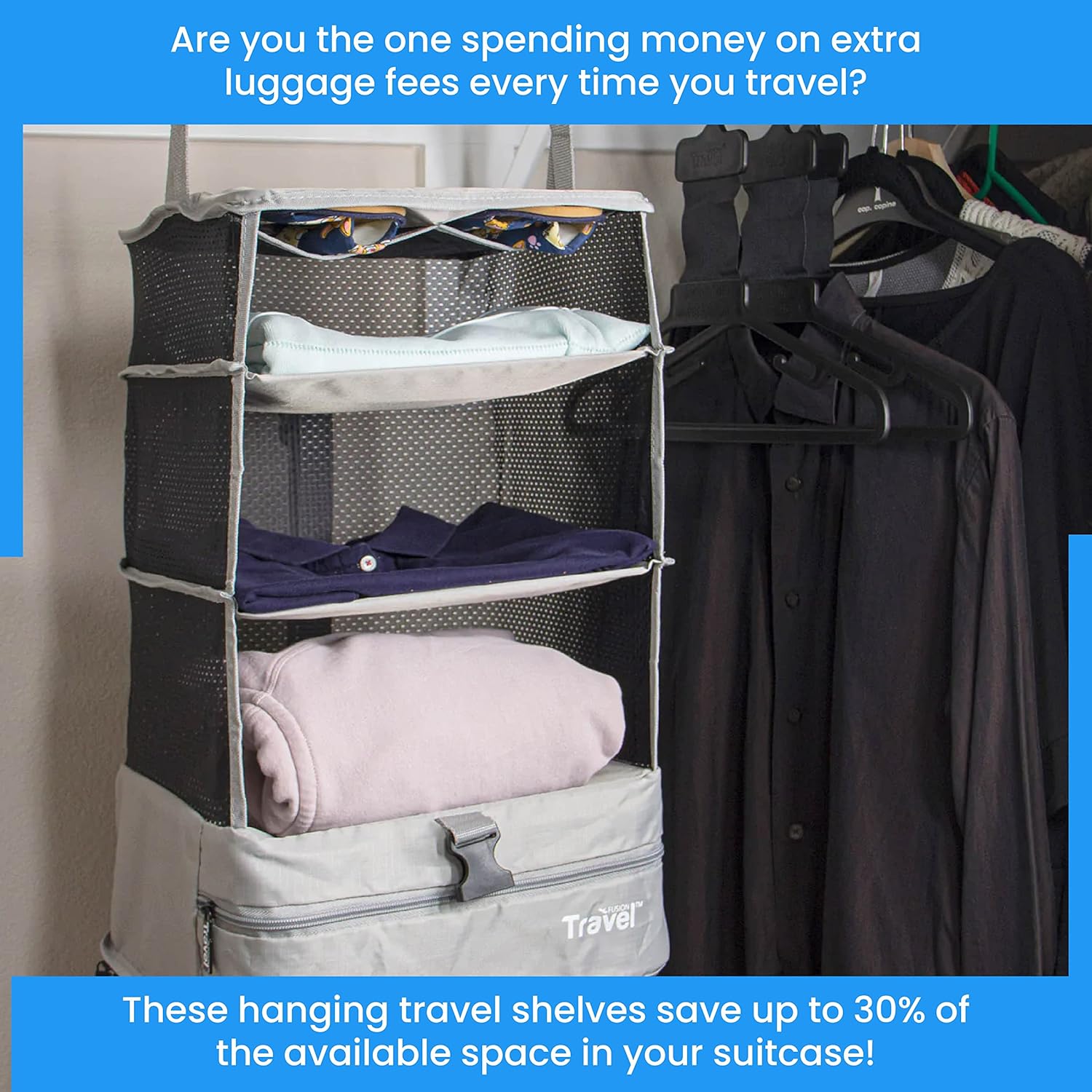 Grand Fusion Stow-N-Go Portable Hanging Travel Shelves, Packing Organizer for Luggage. Carry on Closet with Hanger for Clothes. Expandable Packing Cube. Travel Essentials from Small, Light Gray