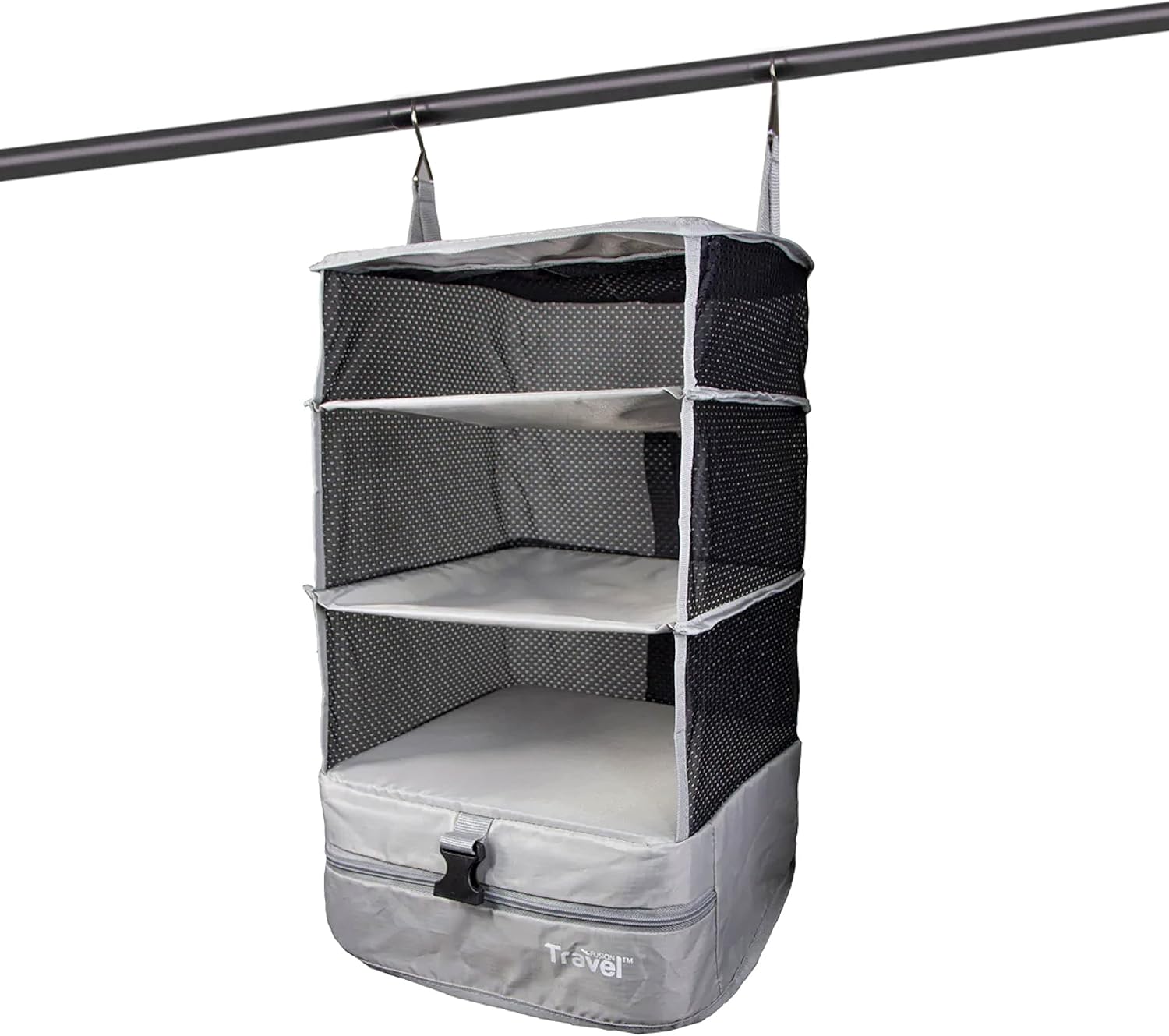 Grand Fusion Stow-N-Go Portable Hanging Travel Shelves, Packing Organizer for Luggage. Carry on Closet with Hanger for Clothes. Expandable Packing Cube. Travel Essentials from Small, Light Gray