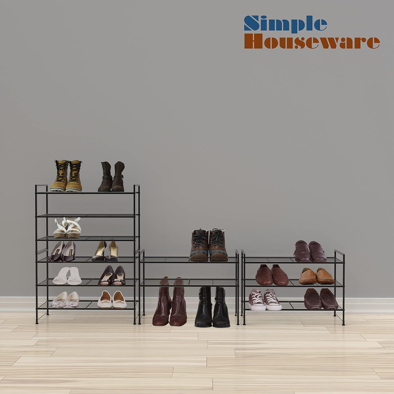 Simple Houseware 3-Tier Stackable Shoe Rack Storage Shelf, Black